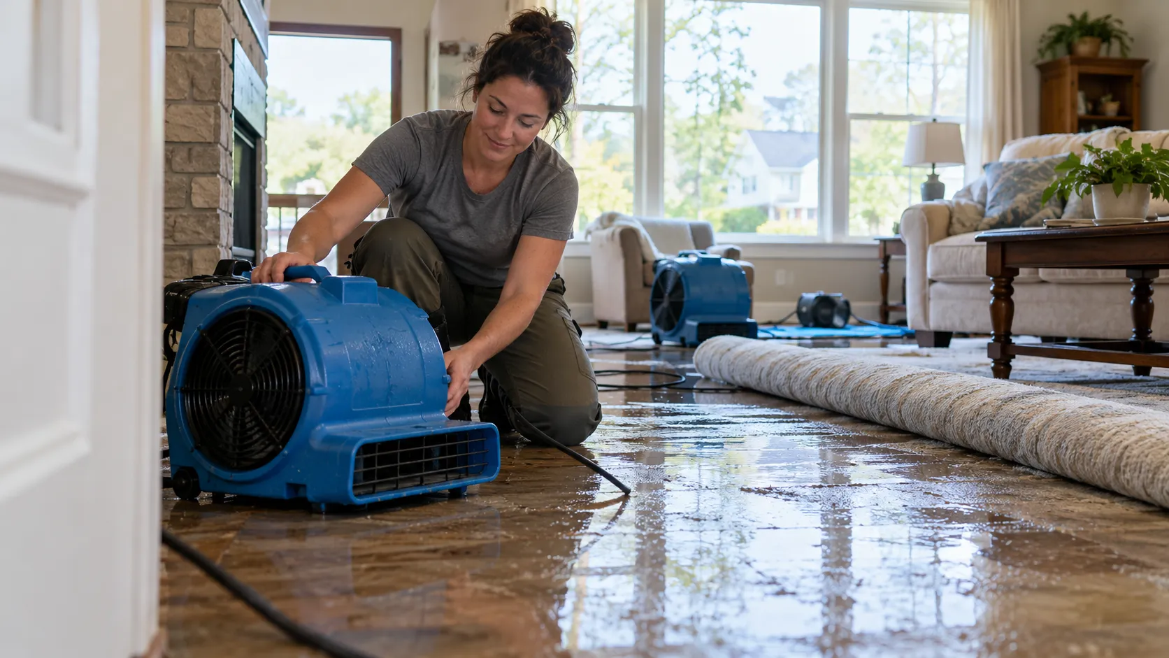 Water damage restoration technician drying a flooded living room in Knoxville